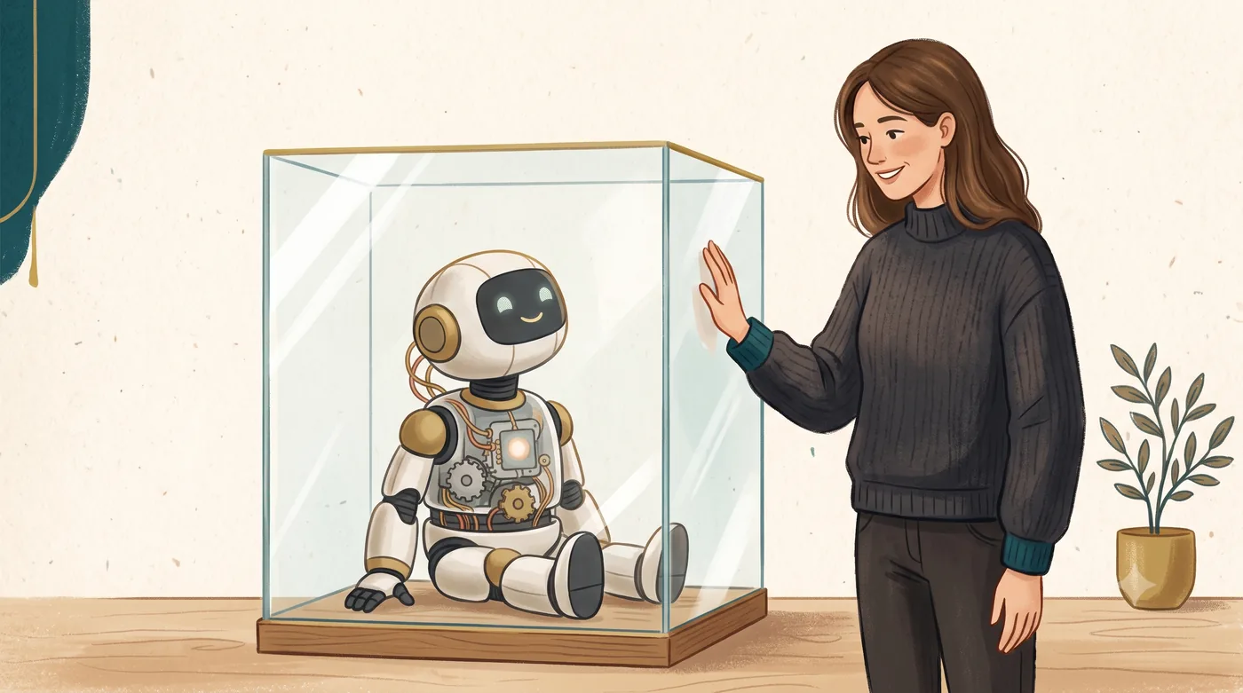 A person inspecting an AI system through a transparent box, representing checkable AI.