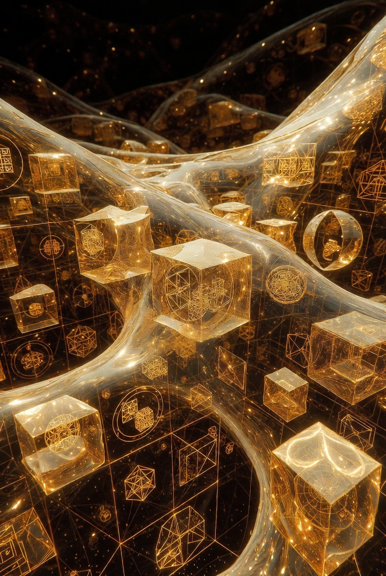 A vast golden geometric membrane stretching through space, connecting all things